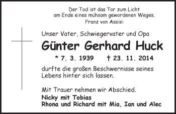 Traueranzeige von Günter Gerhard Huck von Ansbach