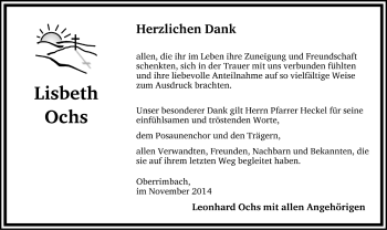 Traueranzeige von Lisbeth Ochs von Neustadt/ Scheinfeld/ Uffenheim