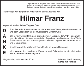 Traueranzeige von Hilmar Franz von Dinkelsbühl/ Feuchtwangen