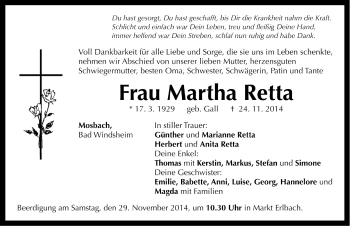 Traueranzeige von Martha Retta von Neustadt/ Scheinfeld/ Uffenheim