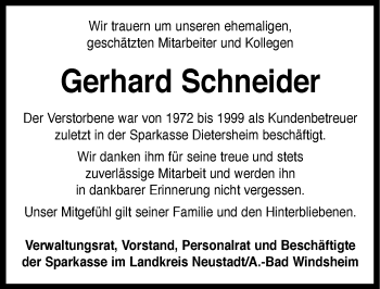 Traueranzeige von Gerhard Schneider von Neustadt/ Scheinfeld/ Uffenheim
