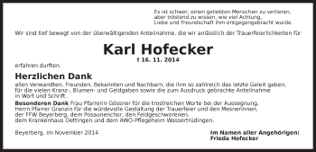 Traueranzeige von Karl Hofecker von Dinkelsbühl/ Feuchtwangen