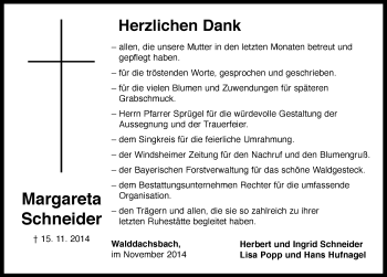 Traueranzeige von Margareta Schneider von Neustadt/ Scheinfeld/ Uffenheim