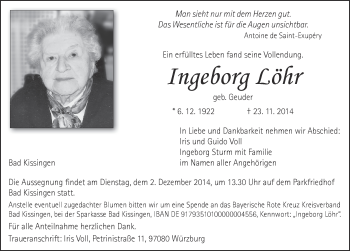 Traueranzeige von Ingeborg Löhr von Ansbach