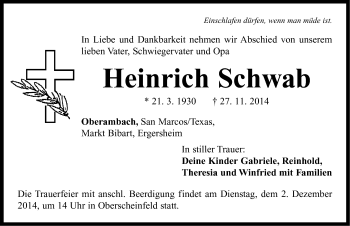 Traueranzeige von Heinrich Schwab von Neustadt/ Scheinfeld/ Uffenheim