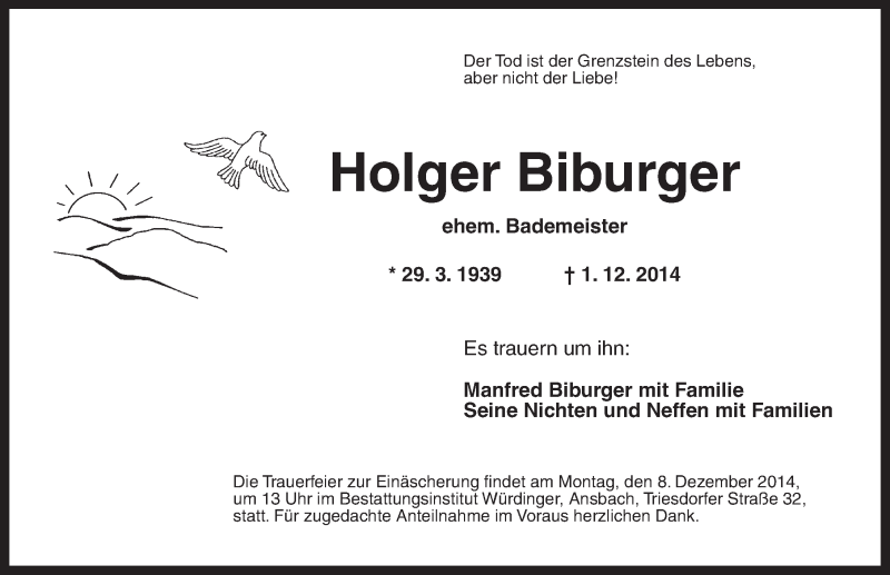  Traueranzeige für Holger Biburger vom 05.12.2014 aus Ansbach