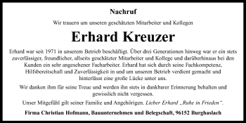 Traueranzeige von Erhard Kreuzer von Neustadt/ Scheinfeld/ Uffenheim