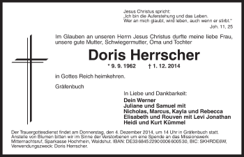 Traueranzeige von Doris Herrscher von Ansbach