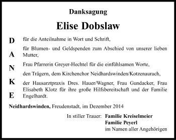 Traueranzeige von Elise Dobslaw von Neustadt/ Scheinfeld/ Uffenheim