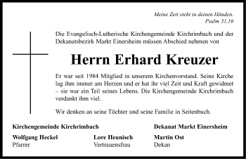 Traueranzeige von Erhard Kreuzer von Neustadt/ Scheinfeld/ Uffenheim