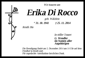 Traueranzeige von Erika Di Rocco von Ansbach