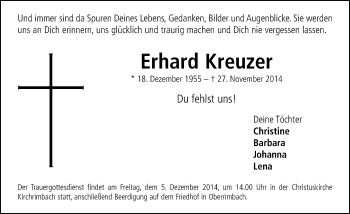 Traueranzeige von Erhard Kreuzer von Neustadt/ Scheinfeld/ Uffenheim