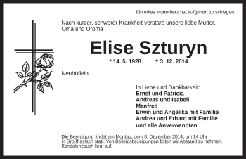 Traueranzeige von Elise Szturyn von Ansbach