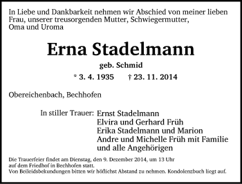 Traueranzeige von Erna Stadelmann von Ansbach