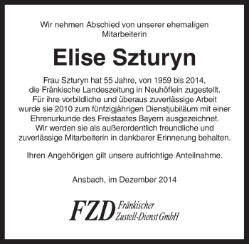 Traueranzeige von Elise Szturyn von Ansbach