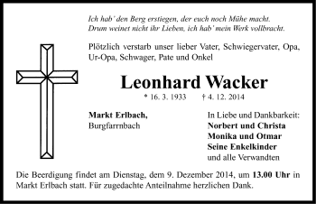 Traueranzeige von Leonhard Wacker von Neustadt/ Scheinfeld/ Uffenheim