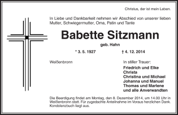 Traueranzeige von Babette Sitzmann von Ansbach