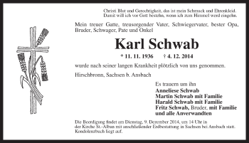 Traueranzeige von Karl Schwab von Ansbach