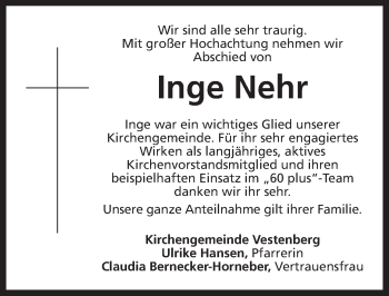 Traueranzeige von Inge Nehr von Ansbach