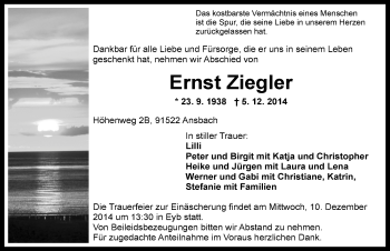 Traueranzeige von Ernst Ziegler von Ansbach