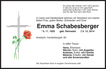 Traueranzeige von Emma Schabesberger von Ansbach