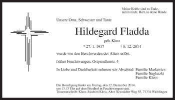 Traueranzeige von Hildegard Fladda von Dinkelsbühl/ Feuchtwangen