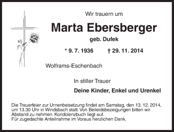 Traueranzeige von Marta Ebersberger von Ansbach