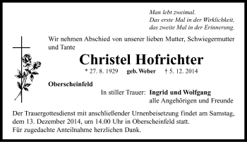 Traueranzeige von Christel Hofrichter von Neustadt/ Scheinfeld/ Uffenheim