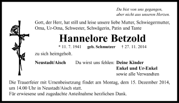 Traueranzeige von Hannelore Betzold von Neustadt/ Scheinfeld/ Uffenheim
