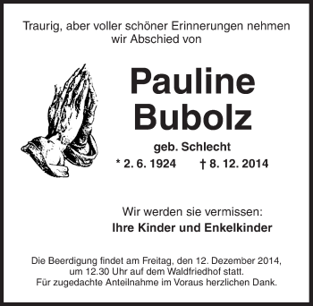 Traueranzeige von Pauline Bubolz von Ansbach