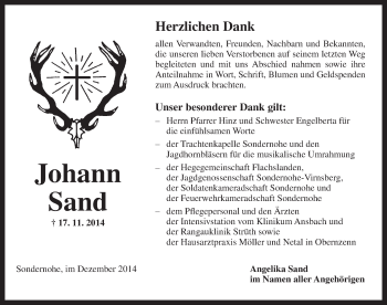 Traueranzeige von Johann Sand von Ansbach