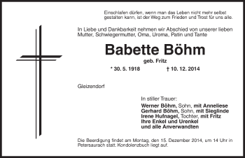 Traueranzeige von Babette Böhm von Ansbach