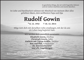 Traueranzeige von Rudolf Gowin von Ansbach