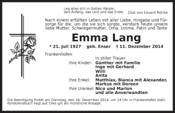 Traueranzeige von Emma Lang von Dinkelsbühl/ Feuchtwangen