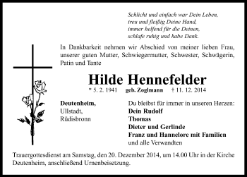 Traueranzeige von Hilde Hennefelder von Neustadt/ Scheinfeld/ Uffenheim