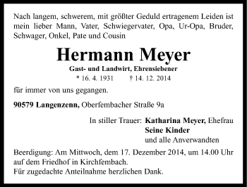 Traueranzeige von Hermann Meyer von Neustadt/ Scheinfeld/ Uffenheim