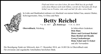 Traueranzeige von Betty Reichel von Neustadt/ Scheinfeld/ Uffenheim