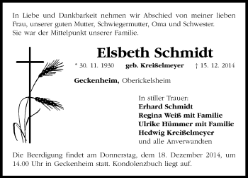 Traueranzeige von Elsbeth Schmidt von Neustadt/ Scheinfeld/ Uffenheim