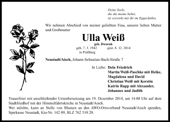 Traueranzeige von Ulla Weiß von Neustadt/ Scheinfeld/ Uffenheim