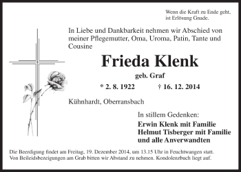 Traueranzeige von Frieda Klenk von Dinkelsbühl/ Feuchtwangen