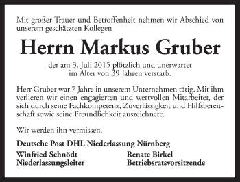 Traueranzeige von Markus Gruber von Ansbach