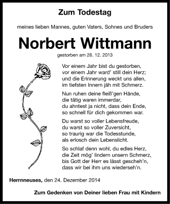 Traueranzeige von Norbert Wittmann von Neustadt/ Scheinfeld/ Uffenheim