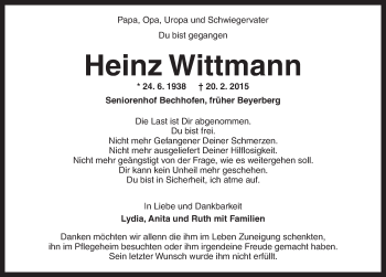 Traueranzeige von Heinz Wittmann von Dinkelsbühl/ Feuchtwangen