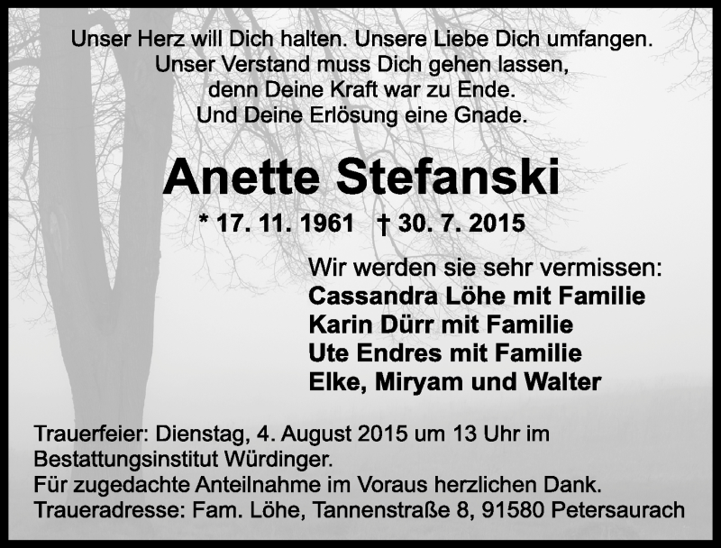  Traueranzeige für Anette Stefanski vom 01.08.2015 aus Ansbach