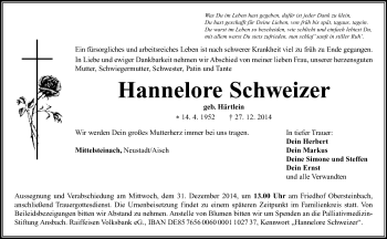 Traueranzeige von Hannelore  Schweizer von Neustadt/ Scheinfeld/ Uffenheim