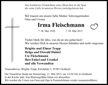 Traueranzeige von Irma Fleischmann von Rothenburg