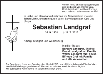 Traueranzeige von Sebastian Landgraf von Dinkelsbühl/ Feuchtwangen