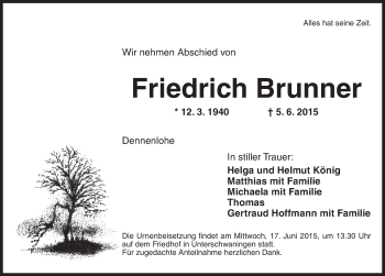 Traueranzeige von Friedrich Brunner von Dinkelsbühl/ Feuchtwangen