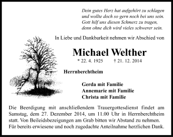 Traueranzeige von Michael Welther von Neustadt/ Scheinfeld/ Uffenheim