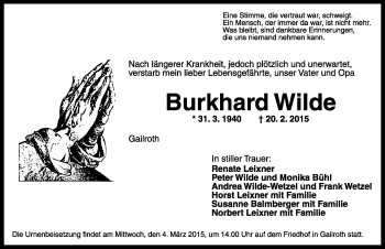 Traueranzeige von Burkhard Wilde von Rothenburg